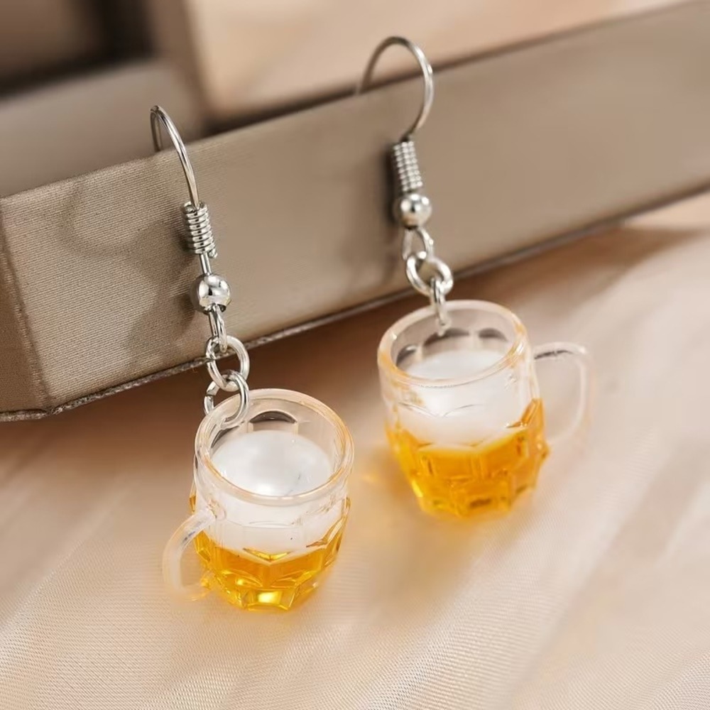 Novelty Beer Mug Dangle Earrings Miniature Resin Pint Glass Jewelry Yellow White